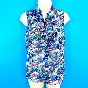 TAHARI ARTHUR S. LEVINE COLORFUL RUFFLE PRINT SHEER SLEEVELESS TOP - XS